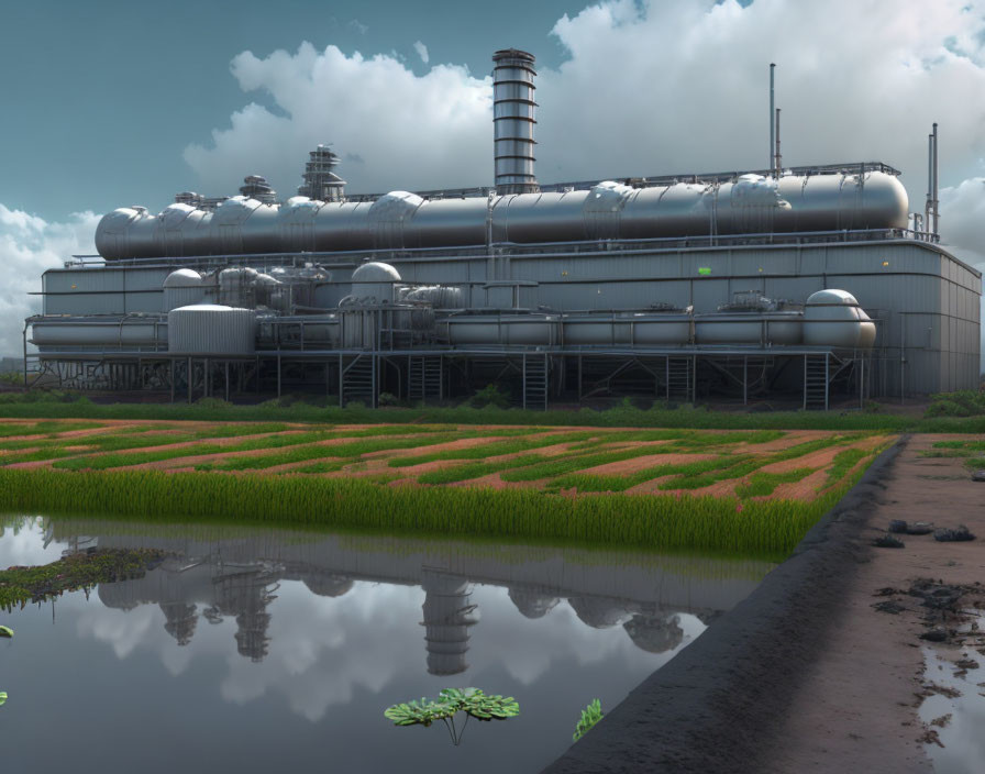 Industrial plant with cylindrical structures and tall chimney near green fields and water under cloudy sky