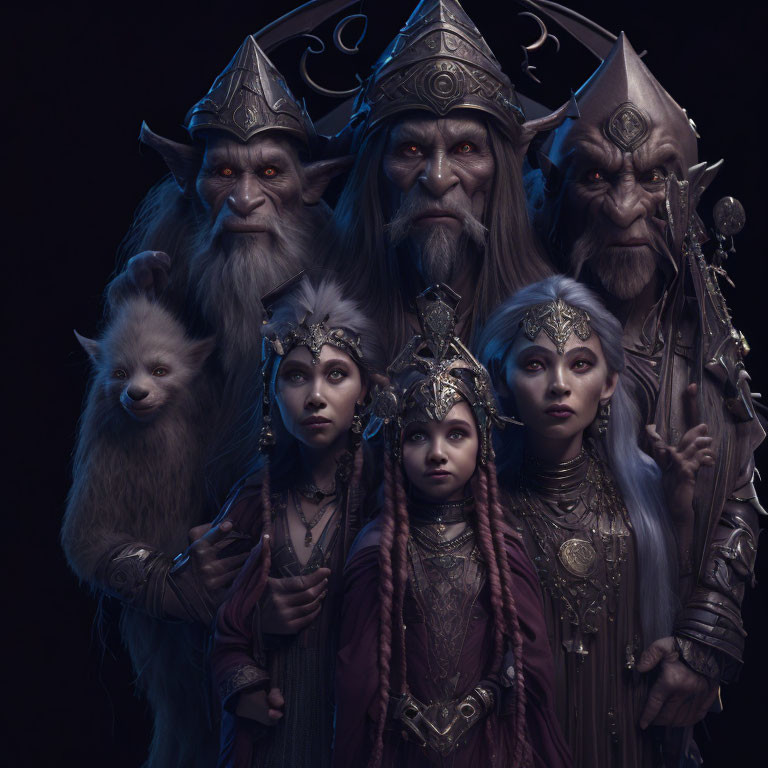 Fantasy characters in ornate costumes against dark background