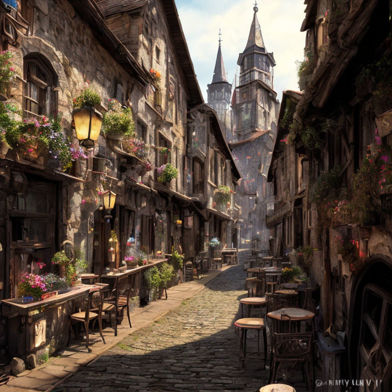 Medieval cobblestone street with colorful flowers and castle view