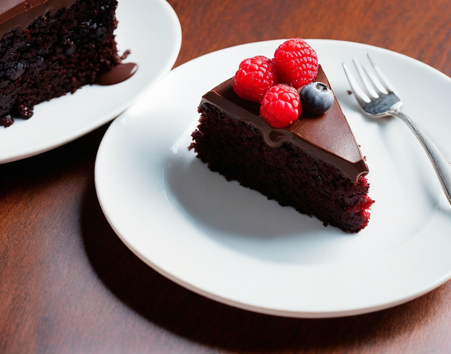 Decadent chocolate cake with raspberries and blueberry on white plate