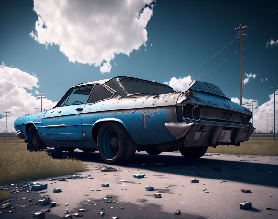 Rusted blue classic car on empty road under cloudy sky