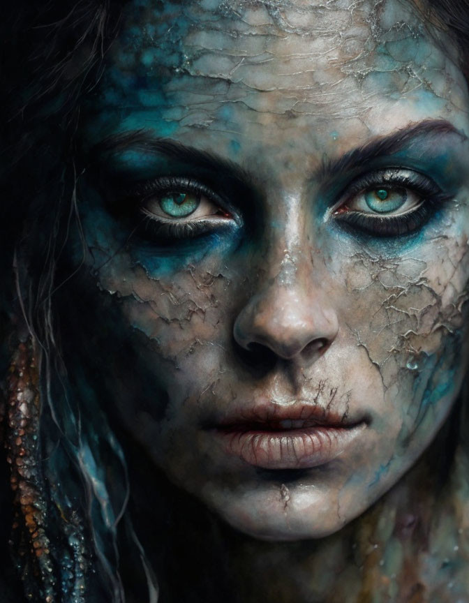 Close-up portrait of person with vivid blue and grey cracked makeup resembling dried earth and piercing blue eyes.