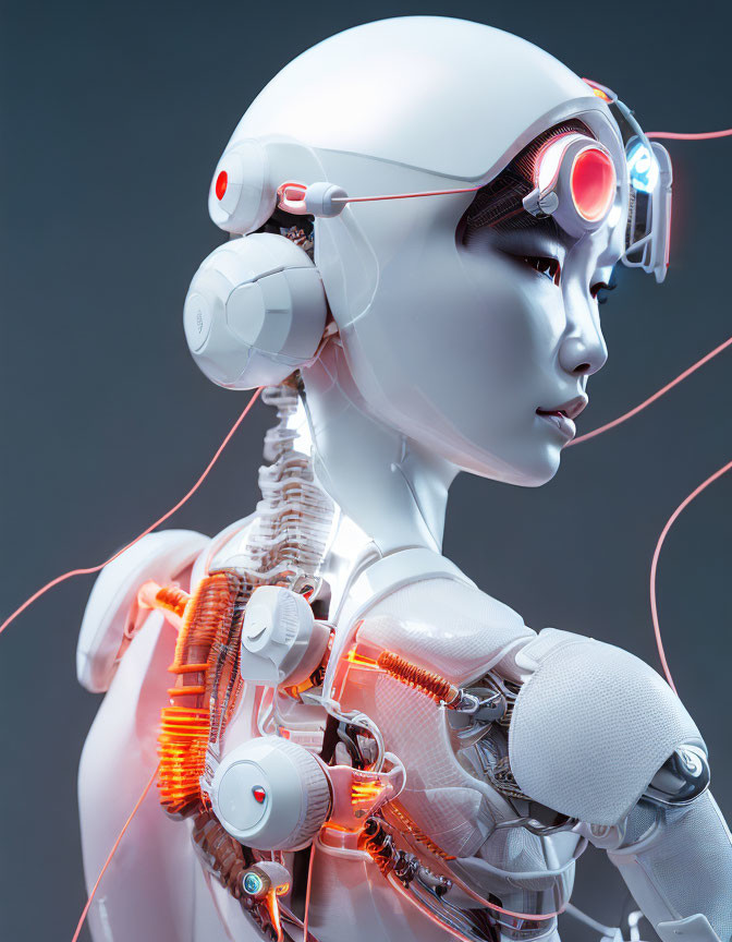 Detailed humanoid robot with illuminated wiring on grey background