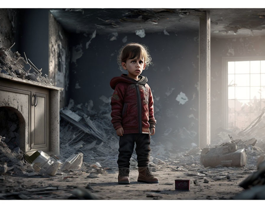 Child in dilapidated room with crumbling fireplace.