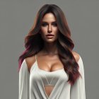 Long-haired woman in white off-the-shoulder top on neutral background
