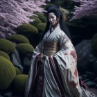 Woman in Floral Kimono Surrounded by Cherry Blossoms