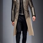 Male Model in Glittery Gold and White Coat on Runway