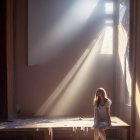 Woman sitting in dusty room with light beams and cobwebs.