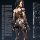 Female Cyborg in Advanced Armor with Mechanical Parts and Technical Background