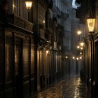 Vintage street lamps illuminate mysterious cobblestone street