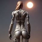 Futuristic armored person gazing at sunset in hazy sky