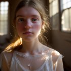 Fair-skinned woman in white top standing indoors with sunlight and shadows.