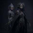 Elaborate dark fantasy costumes with horns and scaled textures on two individuals against a mystical dark background