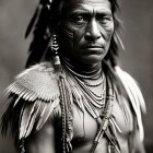 Native American man portrait with feather headdress and beaded necklaces