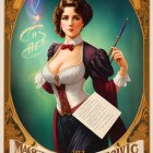 Vintage Style Poster Featuring Woman in Corset and Puff Sleeves Holding Wand