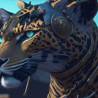 Realistic digital artwork: Jaguar with blue eyes, steampunk-style metallic gear and leather straps.