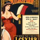 Vintage poster: Woman in red corset with feathered hat & text/numbers for event advertisement