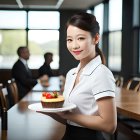 Waitress in black and white uniform serving fresh salad in well-lit restaurant