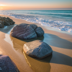 Tranquil beach scene at sunset with smooth rocks and gentle waves