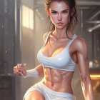 Athletic woman in sportswear with ponytail in sunlit room shows determination.