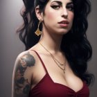 Person with Voluminous Black Hair, Winged Eyeliner, Tattoos in Red Attire