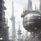 Futuristic cityscape with skyscrapers, spherical structure, and pedestrians.