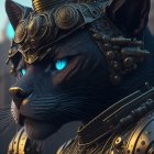 Digital Art: Black Cat with Blue Eyes in Steampunk Metal Armor