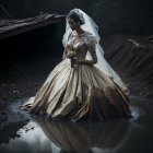 Vintage bride in gown and veil by dark forest pond