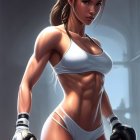 Toned woman in white sports bra and boxing gloves poses confidently