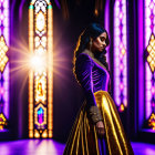 Woman in Purple Top and Gold Skirt Poses in Church Setting