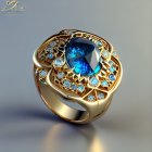 Luxurious golden ring with oval blue gemstone and diamonds in floral design