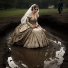 Vintage Wedding Dress Woman Sitting in Muddy Field