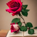 Red rose and pink bud on open book with blurred background