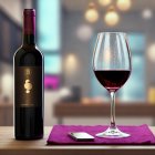 Red Wine Bottle and Glass on Table with Purple Napkin and Spoon