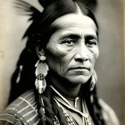 Vintage sepia photo of solemn Native American man in feathered headdress