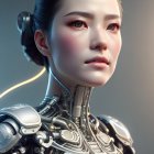 Detailed portrait of female android with human-like face, cybernetic neck, and exposed wiring