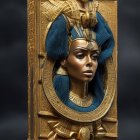 Detailed Egyptian queen sculpture with gold and blue headdress on hieroglyph-engraved panel