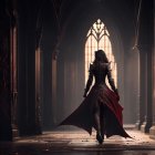 Dark figure in cloak and armor walking in gothic hallway with arches and chandelier