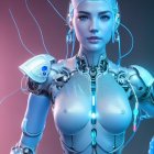 Female humanoid robot with intricate mechanical details on pink and blue gradient background