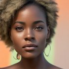 Portrait of woman with striking eyes and afro hair on orange background