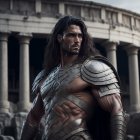 Long-haired man in Roman armor at Colosseum.