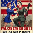 Vintage Military-Inspired Poster with Two Women in Uniforms