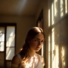 Woman gazing outside in warm light through sheer curtain