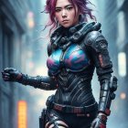 Futuristic armor-clad woman with wavy purple hair in urban landscape