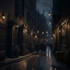 Cobblestone Street at Night with Glowing Lamps and Silhouettes