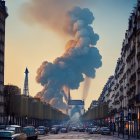 City street at dusk with Eiffel Tower and smoke plume