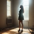 Silhouetted woman in dusty room with streaming sunlight