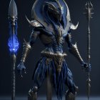 Dark armored figure with glowing blue orb and spear ready for battle