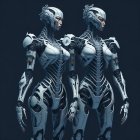 Two intricate humanoid robots with advanced technology designs on dark background