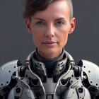 Female in futuristic armor with stern expression and metallic details.